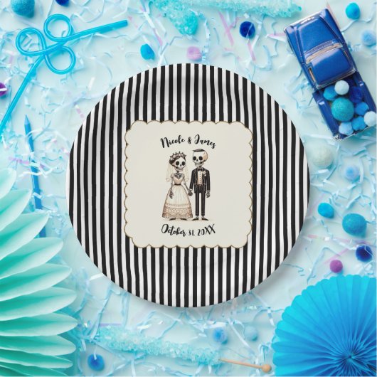 Cartoon Skelet Bruid + bruidegom Whimsical Bruilof Papieren Bordje (Feest)