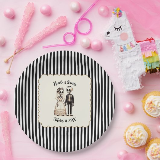 Cartoon Skelet Bruid + bruidegom Whimsical Bruilof Papieren Bordje (Feest)
