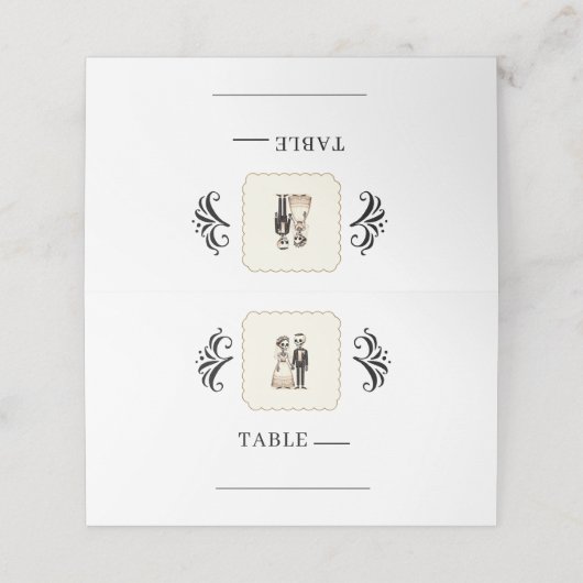 Cartoon Skelet Bruid + bruidegom Whimsical Bruilof Plaatskaartje (Buitenkant ongevouwen)