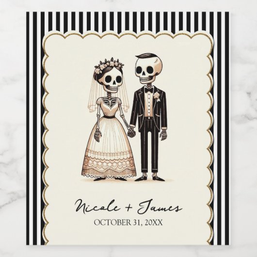 Cartoon Skelet Bruid + bruidegom Whimsical Bruilof Wijn Etiket (Enkel label)