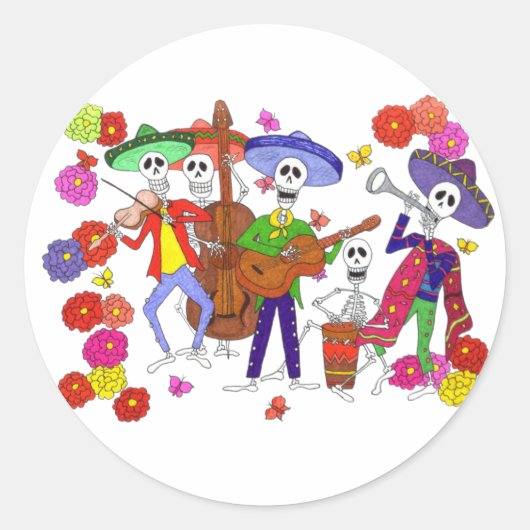 Cartoon Skeleton Musicians Mariachi Band Guitar Ronde Sticker (Voorkant)