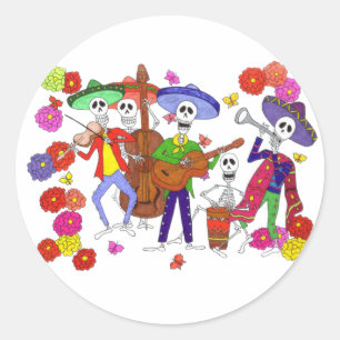 Cartoon Skeleton Musicians Mariachi Band Guitar Ronde Sticker