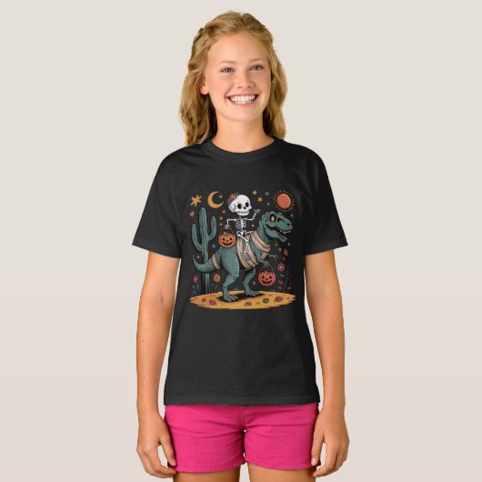 Cartoon Skeleton & T-Rex met Snoepjes emmers T-shirt (Voorkant volledig)