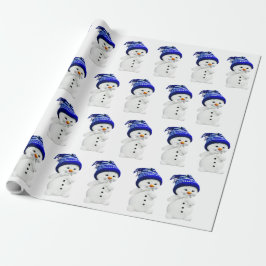 Cartoon-sneeuwman in blauwe en witte wollen muts cadeaupapier