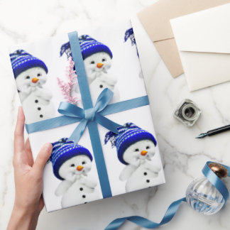 Cartoon-sneeuwman in blauwe en witte wollen muts d cadeaupapier