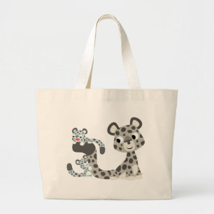 Cartoon Snow Leopard en Cubs Bag Grote Tote Bag