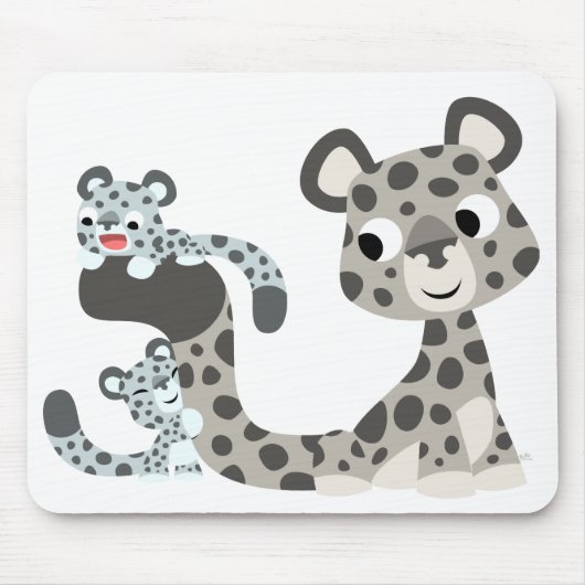Cartoon Snow Leopard en Cubs Mousepad Muismat (Voorkant)