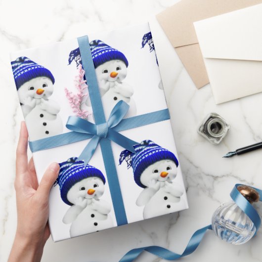 Cartoon Snowman in Blue & White Wool Pet Wrapping Cadeaupapier (Geschenken)