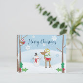 Cartoon Snowman Reindeer voor de prettige kerst Briefkaart (Staand voorkant)