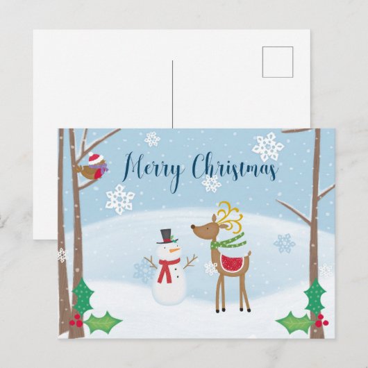 Cartoon Snowman Reindeer voor de prettige kerst Briefkaart (Voorkant / Achterkant)
