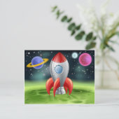 Cartoon Space Rocket op Alien Planet Briefkaart (Staand voorkant)