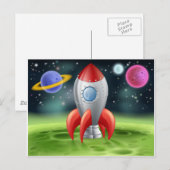 Cartoon Space Rocket op Alien Planet Briefkaart (Voorkant / Achterkant)