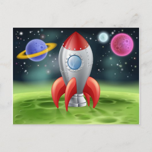 Cartoon Space Rocket op Alien Planet Briefkaart (Voorkant)