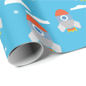 Cartoon Space Rockets - Helderblauw patroon Cadeaupapier (Rol Hoek)