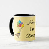 Cartoon Sparrow met ballonnen Verjaardag | Tekst t Mok (Voorkant links)