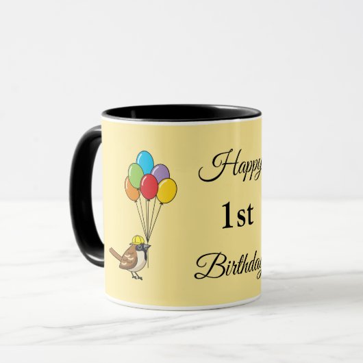 Cartoon Sparrow met ballonnen Verjaardag | Tekst t Mok (Voorkant links)