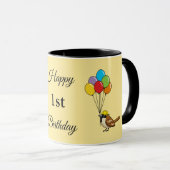 Cartoon Sparrow met ballonnen Verjaardag | Tekst t Mok (Voorkant rechts)