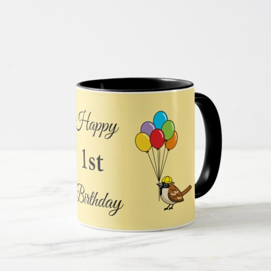 Cartoon Sparrow met ballonnen Verjaardag | Tekst t Mok (Voorkant rechts)