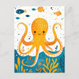 Cartoon speelse octopus met kleurrijke vissen briefkaart