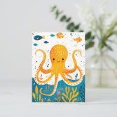 Cartoon speelse octopus met kleurrijke vissen briefkaart (Staand voorkant)