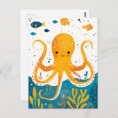 Cartoon speelse octopus met kleurrijke vissen briefkaart (Voorkant / Achterkant)