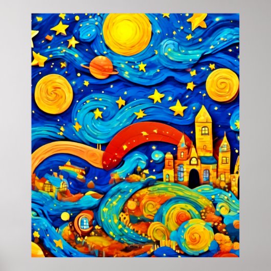 Cartoon Sterrennacht Kunst Poster (Voorkant)