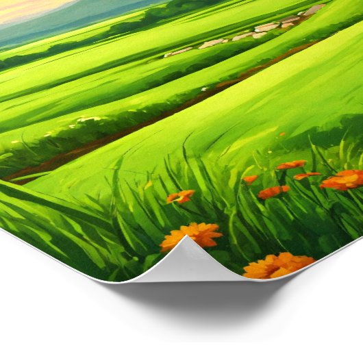 Cartoon-stijl grasveld landschapsschilderij poster (Hoek)