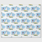 Cartoon-stijl Zeilboot en vuurtoren Cadeaupapier (Vlak)