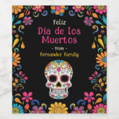 💀🎉 Cartoon stijl zwart Día de Muertos Party Wijn Etiket (Enkel label)