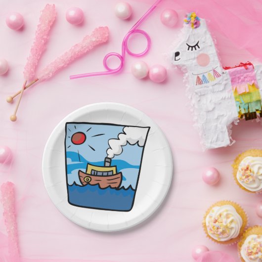 Cartoon stoomschip op Ocean Waves Nautical Art Papieren Bordje (Feest)