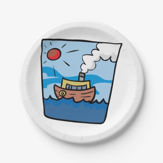 Cartoon stoomschip op Ocean Waves Nautical Art Papieren Bordje (Voorkant)