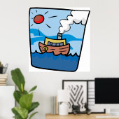 Cartoon stoomschip op Ocean Waves Nautical Art Poster (Thuiskantoor)
