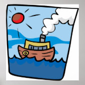 Cartoon stoomschip op Ocean Waves Nautical Art Poster (Voorkant)
