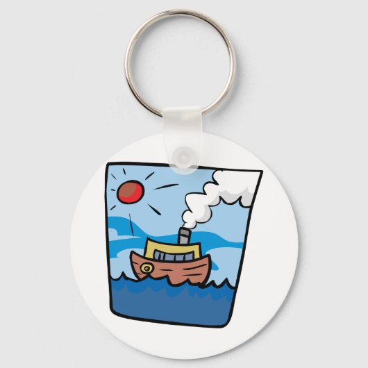Cartoon stoomschip op Ocean Waves Nautical Art Sleutelhanger (Voorkant)