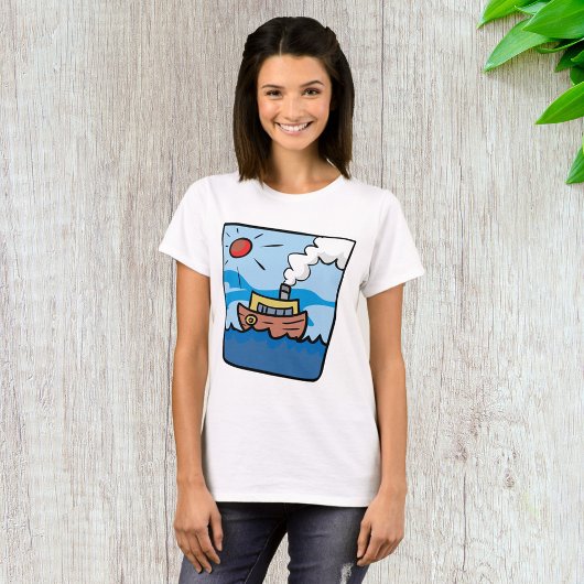 Cartoon stoomschip op Ocean Waves Nautical Art T-shirt
