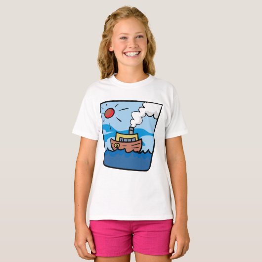Cartoon stoomschip op Ocean Waves Nautical Art T-shirt (Voorkant volledig)