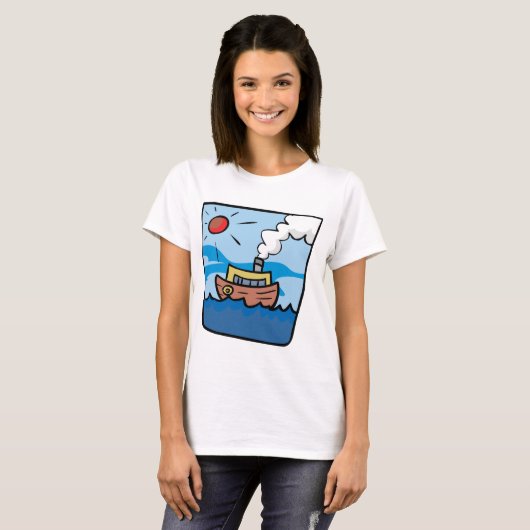 Cartoon stoomschip op Ocean Waves Nautical Art T-shirt (Voorkant volledig)