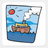 Cartoon stoomschip op Ocean Waves Nautical Art Vierkante Sticker (Voorkant)