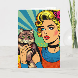 Cartoon strip popart vrouwen die kat vasthouden kaart