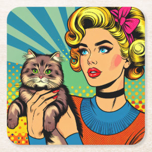 Cartoon strip popart vrouwen die kat vasthouden kartonnen onderzetters