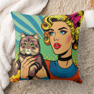 Cartoon strip popart vrouwen die kat vasthouden kussen