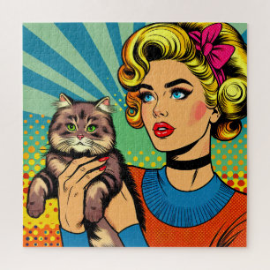 Cartoon strip popart vrouwen die kat vasthouden legpuzzel