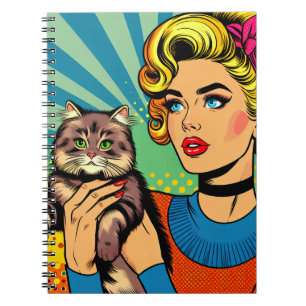 Cartoon strip popart vrouwen die kat vasthouden notitieboek