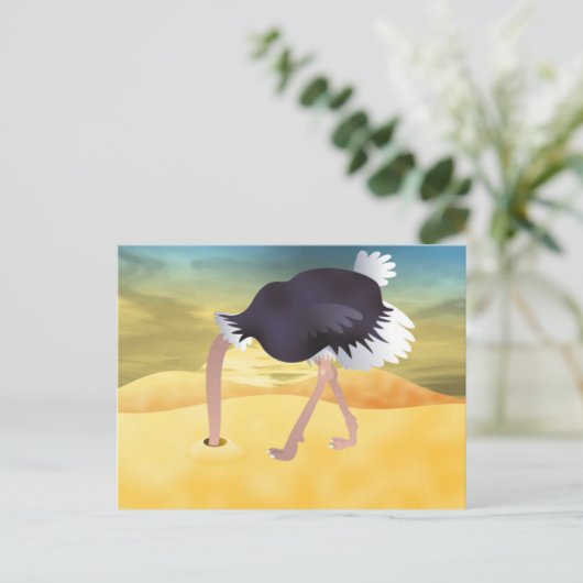 Cartoon struisvogels met kop in zand briefkaart (Staand voorkant)