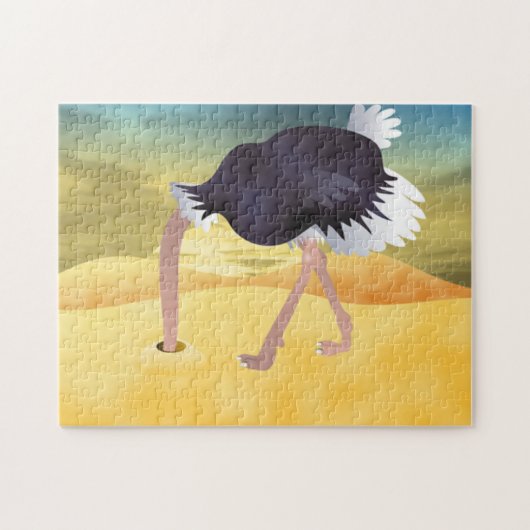 Cartoon struisvogels met kop in zand legpuzzel (Horizontaal)