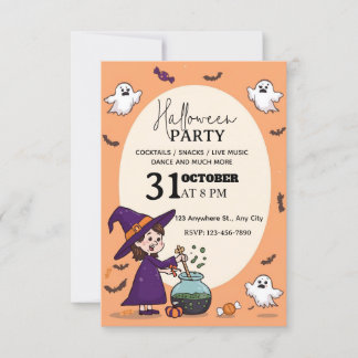 Cartoon-Style Halloween Party Invitation Editable Kaart