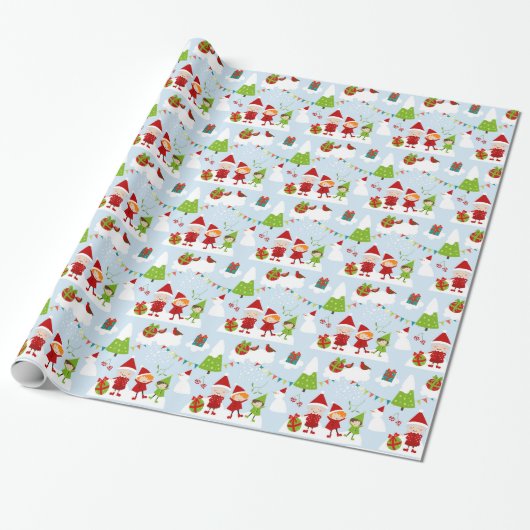 Cartoon Style White Kerstmis Cadeaupapier (Uitgerold)