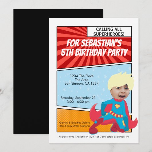 Cartoon Superheld Comic Birthday Party (blond) Kaart (Voorkant / Achterkant)