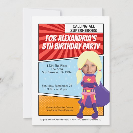 Cartoon Superheld Comic Birthday Party (blond) Kaart (Voorkant)