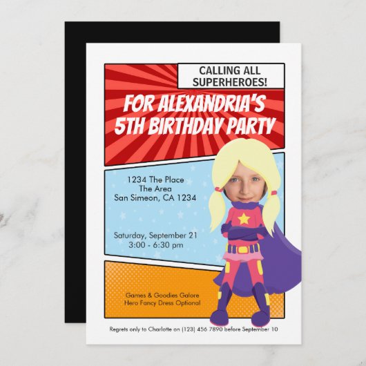 Cartoon Superheld Comic Birthday Party (blond) Kaart (Voorkant / Achterkant)